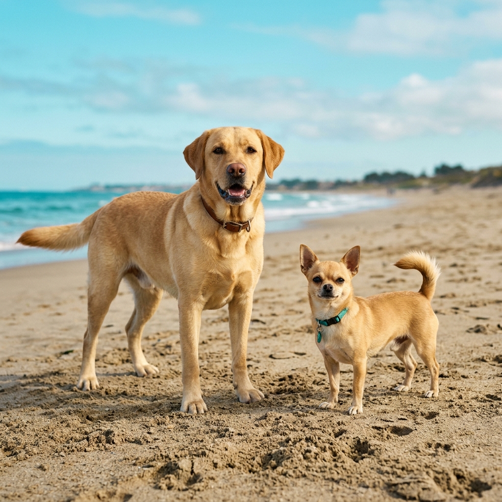 Ein Labrador Retriever und ein Chihuahua stehen nebeneinander am Strand.