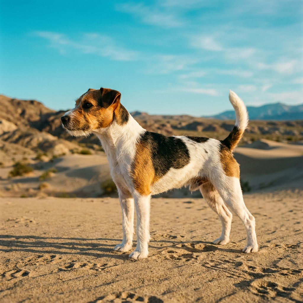 Ein Parson Russell Terrier steht im Profil auf sandigem Boden.