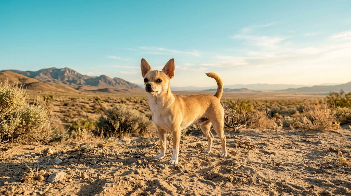 Ein kleiner, kräftig gebauter Chihuahua steht aufmerksam in einer weiten, trockenen Landschaft.